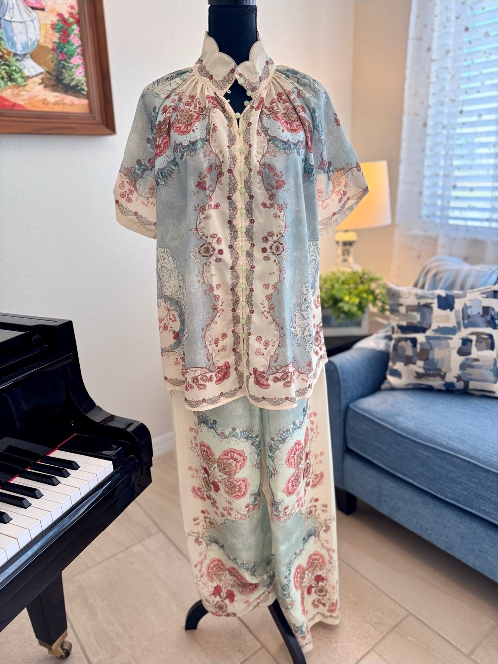 Floral Blue & Cream Two-Piece Pants Set